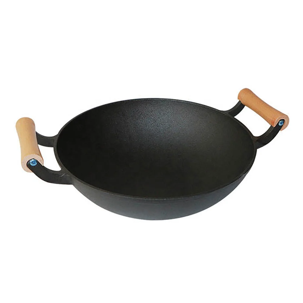 Hot Selling Cast Iron Cooking Cookware Wok Double Wooden Handle And Wooden Lid