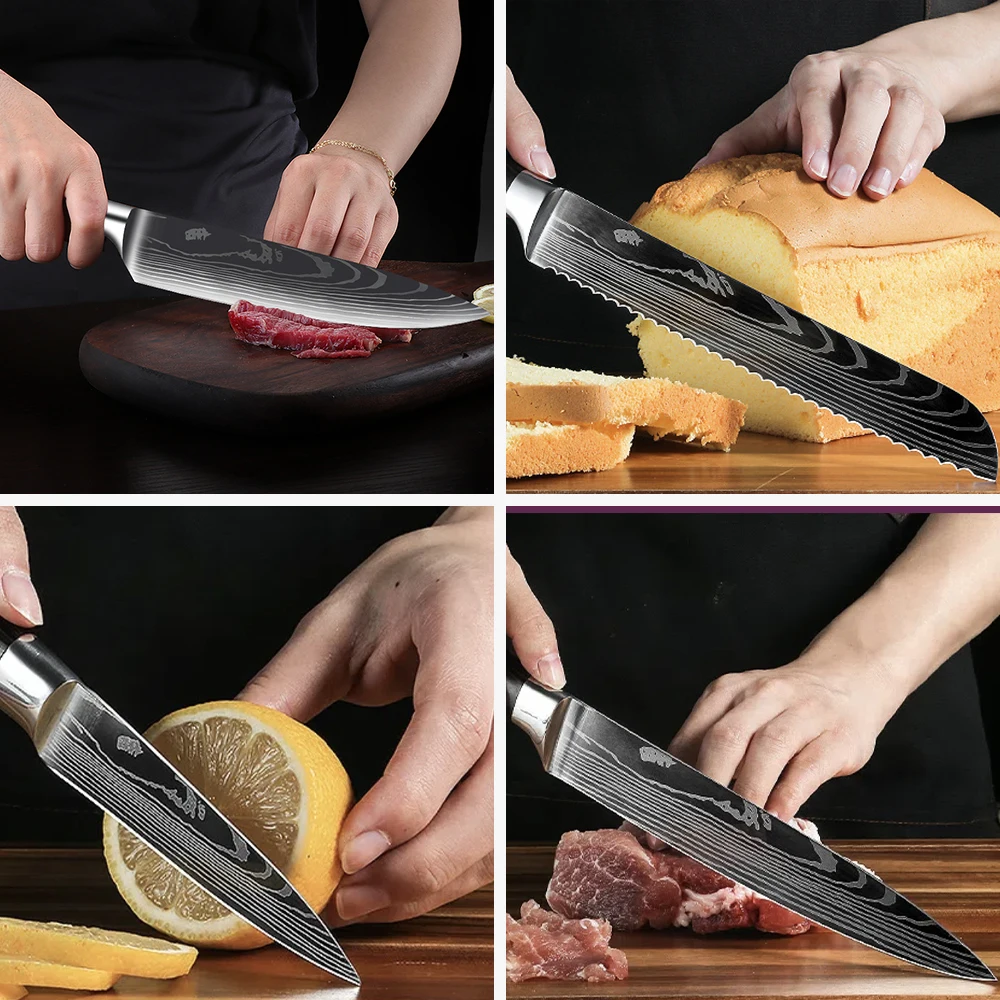 10 Pcs Damascus Pattern Knife Set Stainless Steel Kitchen Chef Knives Set with Resin Handle