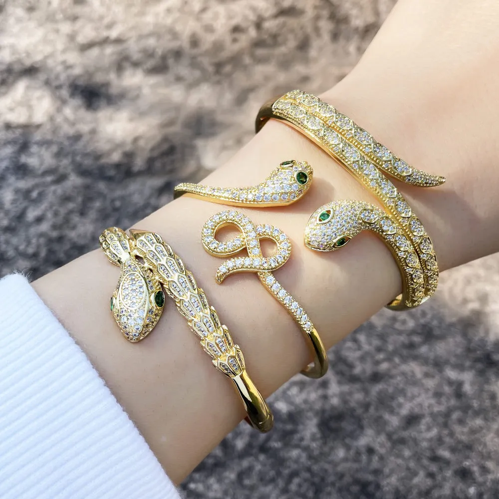 Gold Tone Copper Alloy Icing Zircon Green Snake Eye Snake Head Bangle Cuff Bracelet for Women
