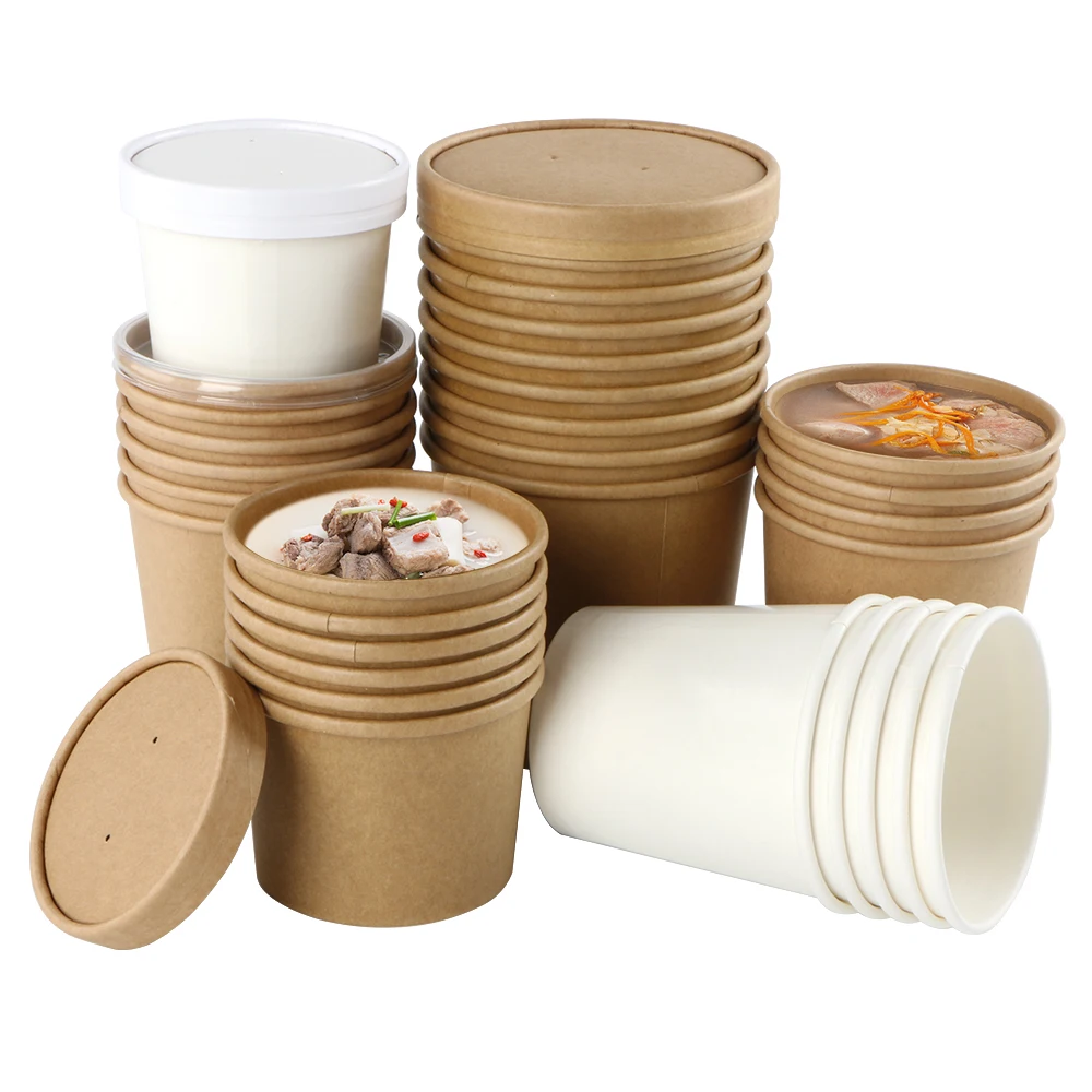 Custom Paper Soup Container With Paper Lids Brown Paper Soup Bowl Disposable Kraft Soup Cup With Your Logo