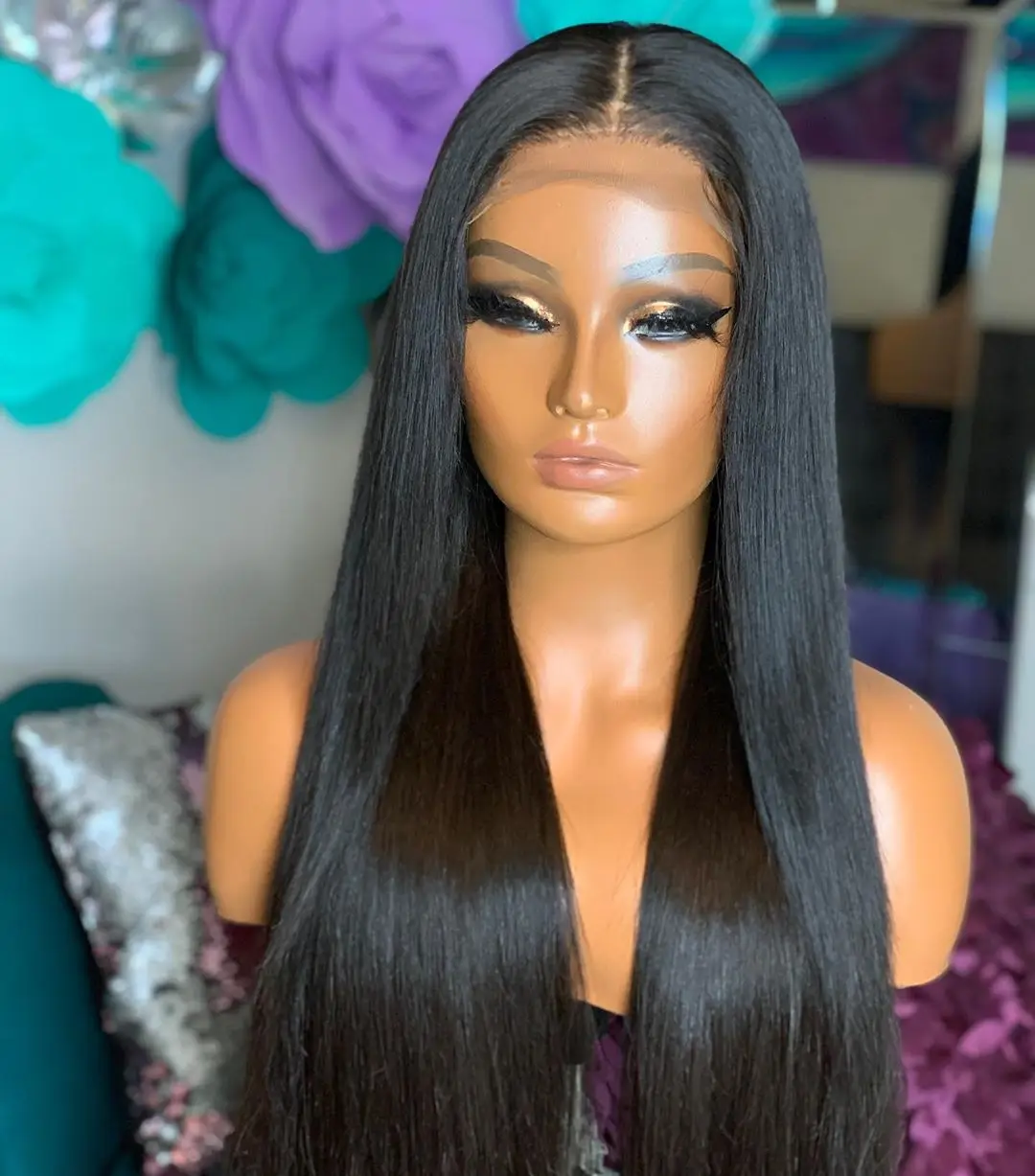 China Natural Long Swiss Lace Straight Hair Wig For Black Women 100% Raw Indian Human Hair Lace Front Wig