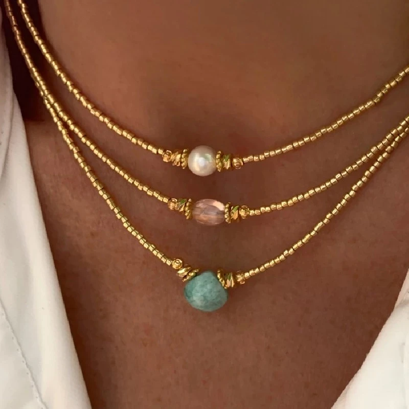 Zooying Handmade Gold-color Beads Natural Freshwater Pearl Pendant Necklace Women Vintage Charm Choker Stylish Simple Jewelry