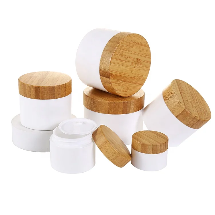 Excellent arrival quality,empty pp plastic containers,50ml double thick wall round shape white jars with bamboo raw material lid