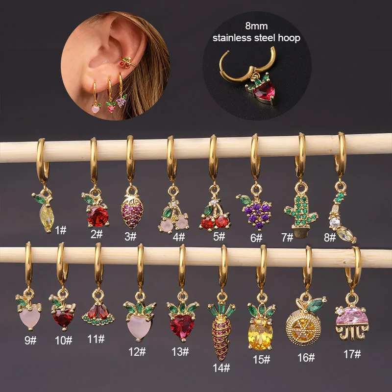 8mm Cute Fruit Pineapple Strawberry Hoop Earrings Zircon Stainless Steel Septum Tragus Cartilage Piercing Body Piercing Jewelry