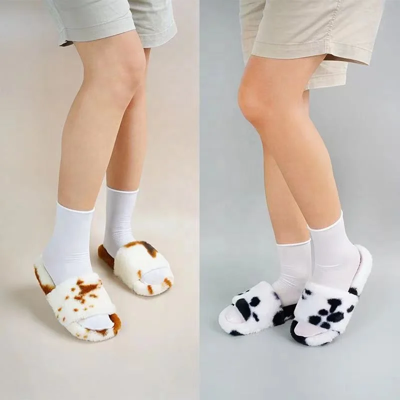 Light Soft Dairy Cow Print Fur Slippers Winter Warm Plush Shoes Slides for Women Girls House Flat Slides Wholesale