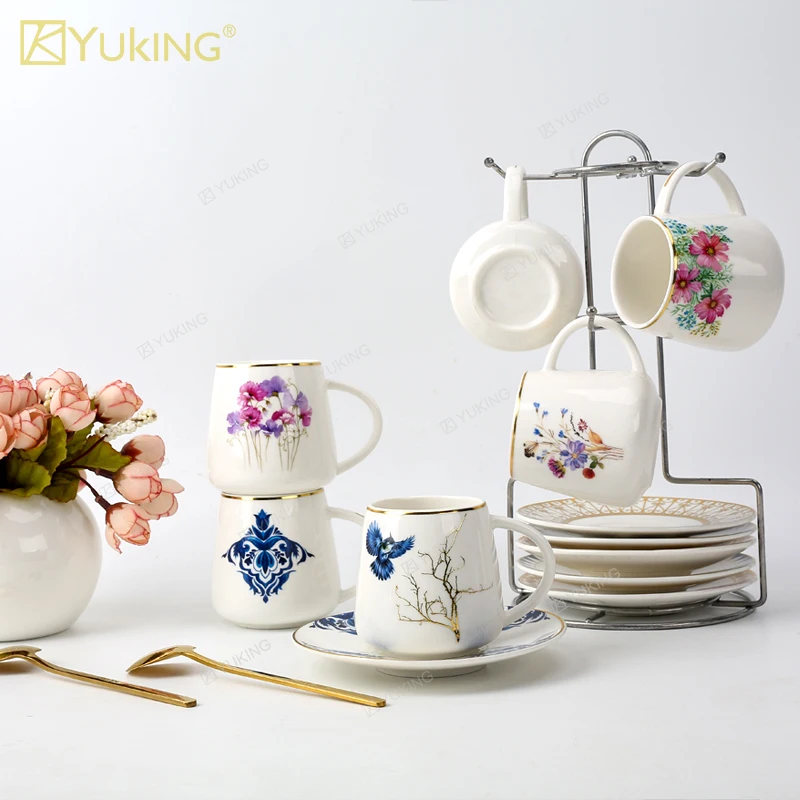 Ceramic Tea Set and Mug Set Phnom Penh Porcelain Colorful Custom Box Logo Coffee Wrapping Paper Plant Flower Cups And Saucers