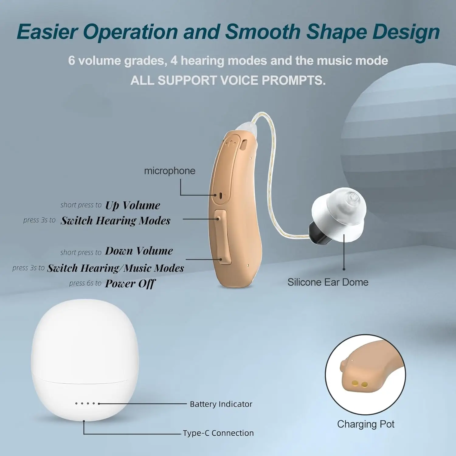 Customizable Waterproof Rechargeable Hearing Aid Pocket Style For Older People Blue Tooth Programmable Bte Invisible Hearing Aid