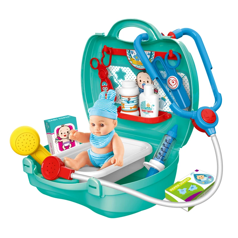 Funny interactive game 17pcs plastic advanced green baby care box doll toy for girls