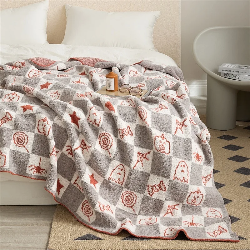 Halloween Candy Pumpkin Ghosts Checker Microfiber Knitted Throw Blanket for Home Decoration Winter WSJLY