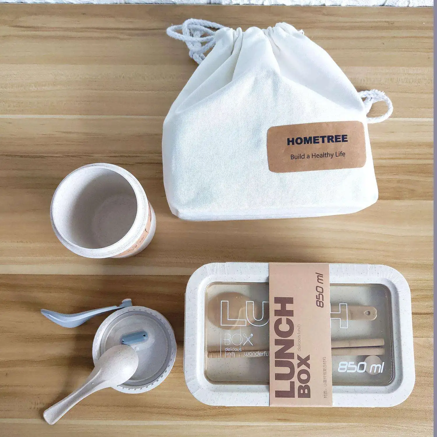 OEM/ODM New Biodegradable Food Container Set Wheat Straw Lunch Bento Box with Tableware for Adults Student