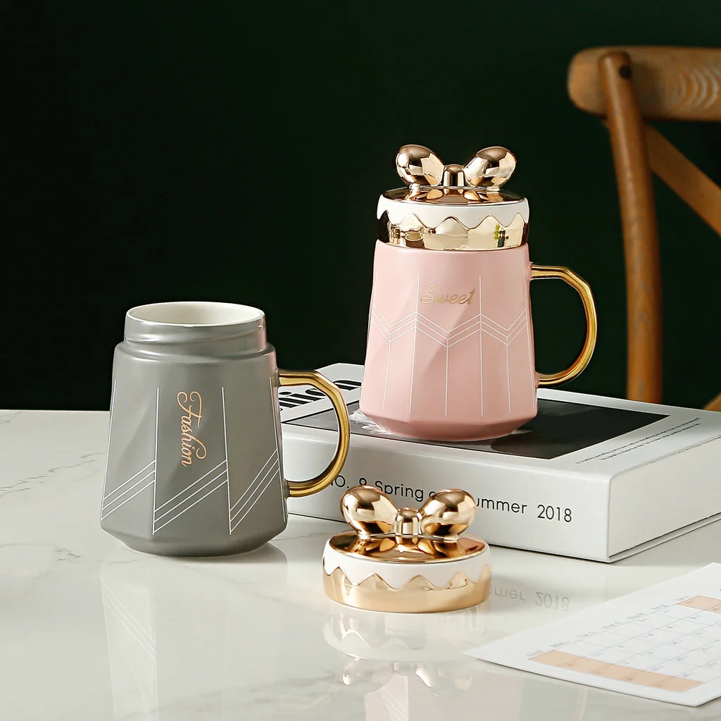 Новый дизайн керамическая чашка с геометрическим узором Офисная кружка крышкой из полипропилена бантом