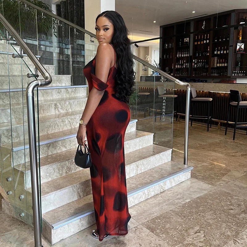 J&H Tie Dye Print Mesh See Throught Sleeveless Casual Dresses New Spring Summer Party Wholesale Y2K Vacation Women Clothing