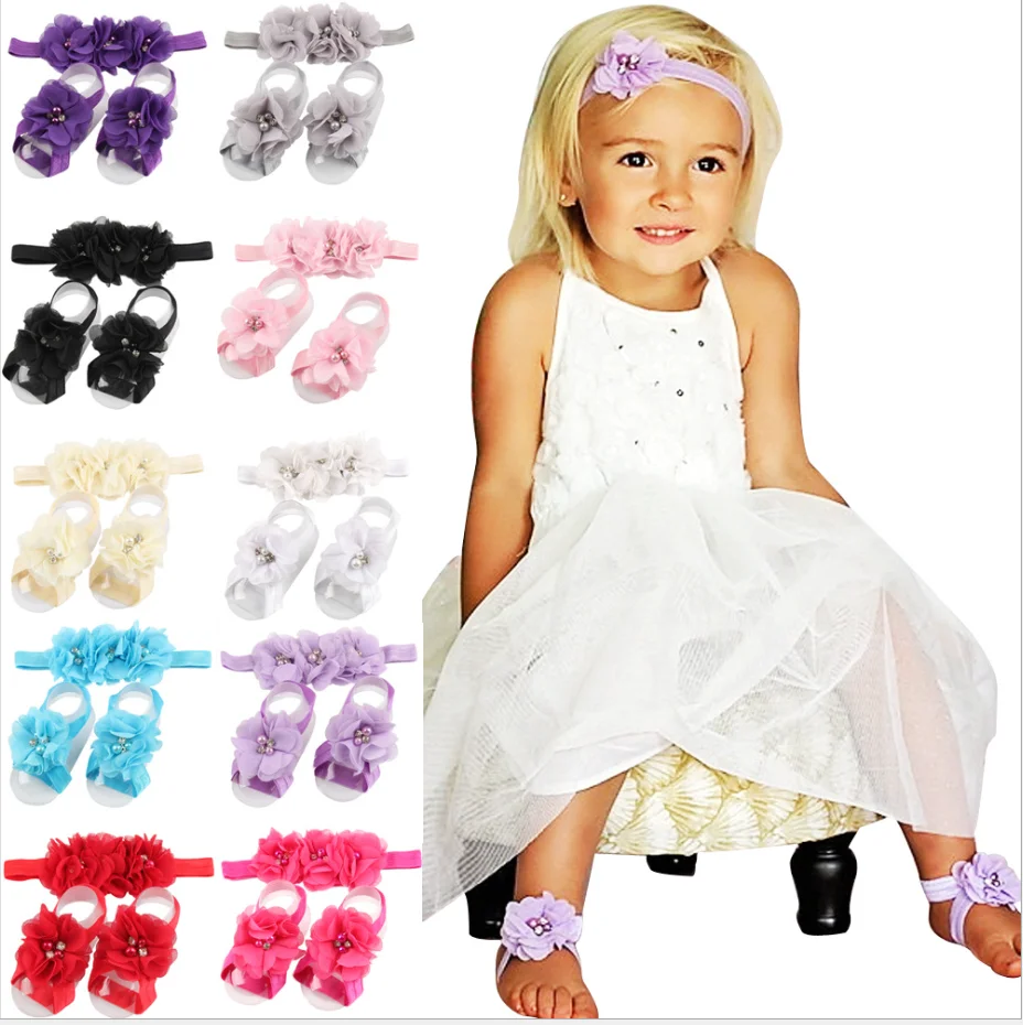 Colorful Foot Flower Barefoot Headband Hair Band Accessories for Baby Infants Girls Toddler Newborn Chiffon Lace 14 colors