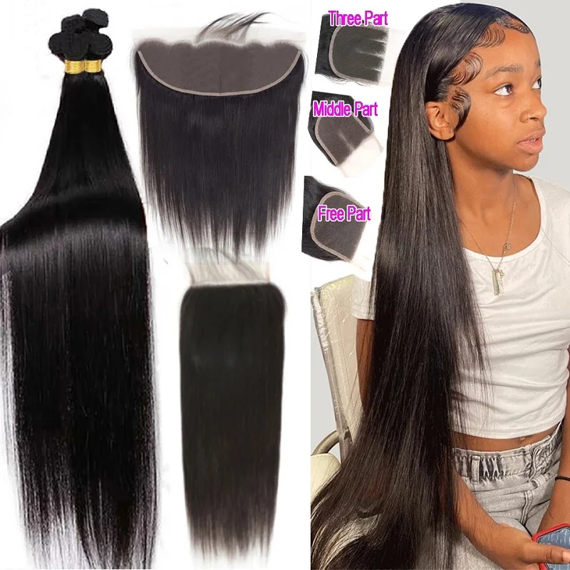 Straight Indian Human Hair 13X4 Frontal And Bundles 13x6 Lace Frontal With Bundles 26 28 30 Inch Bundles With Frontal