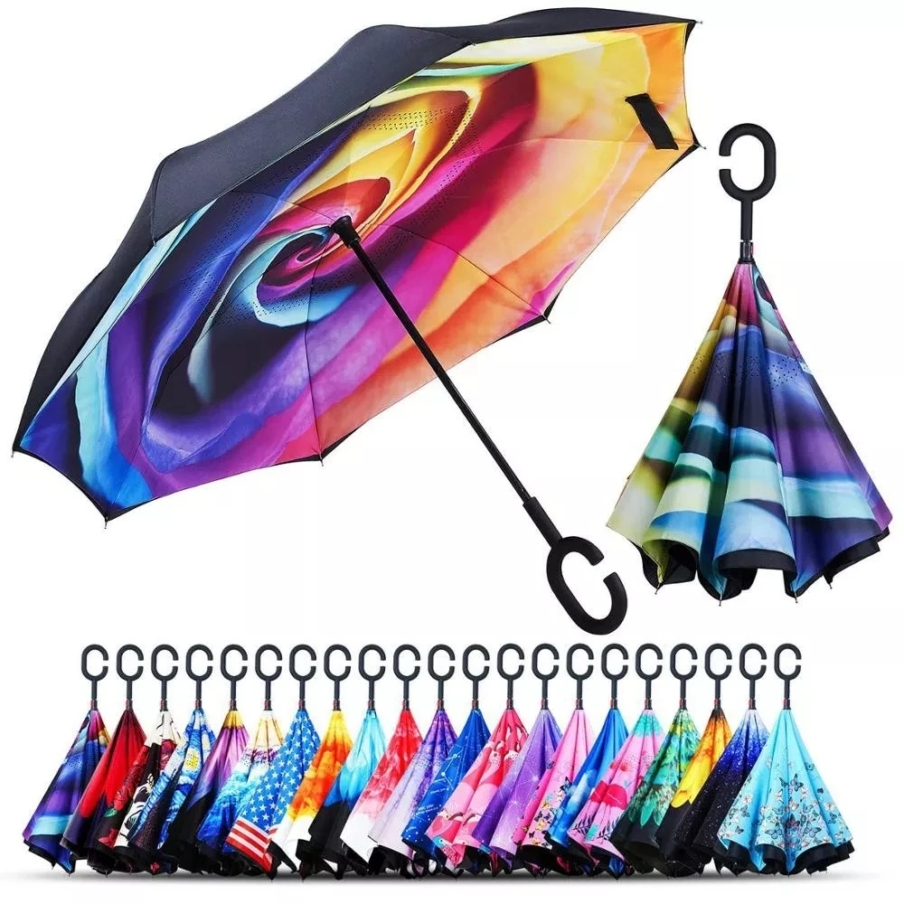 Custom Logo Promotion Umbrella Printed Double Fabric Windproof C Shape Handle Upside Down Inverted Reverse Rain Umbrella