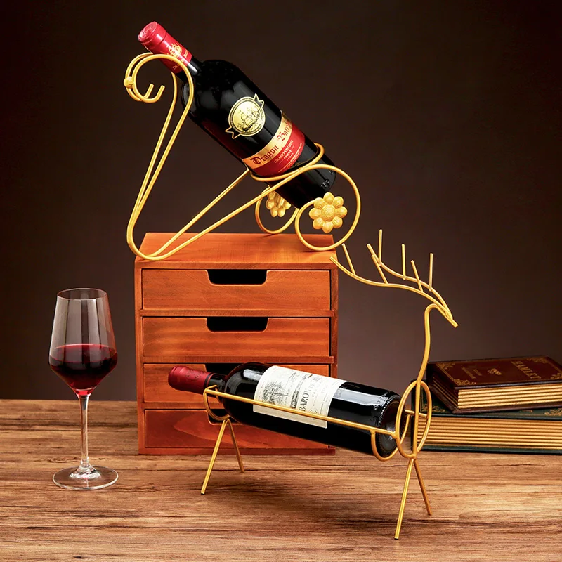 Wholesale European Light Luxury Golden Wrought Iron Home Wine Cabinet Decoration Crafts Deer Wine Rack