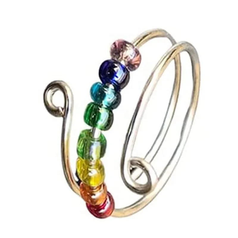 Fashion Rainbow Crystal Beads Rings Adjustable Double Layer Anxiety Relief Ring to My Daughter Spinner Fidget Ring with Card