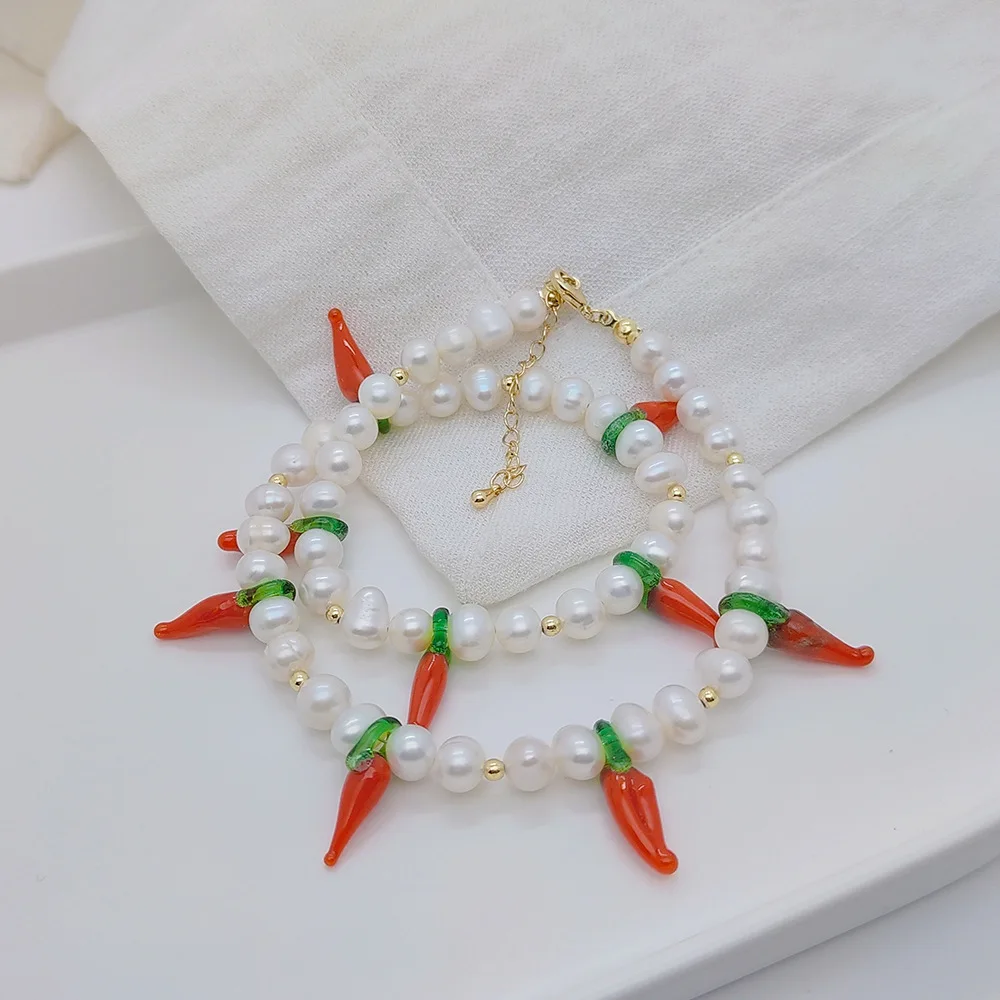 Innovative Design Chili Pepper Necklace Natural Freshwater Pearl Capsicum Handmade Beaded Necklace