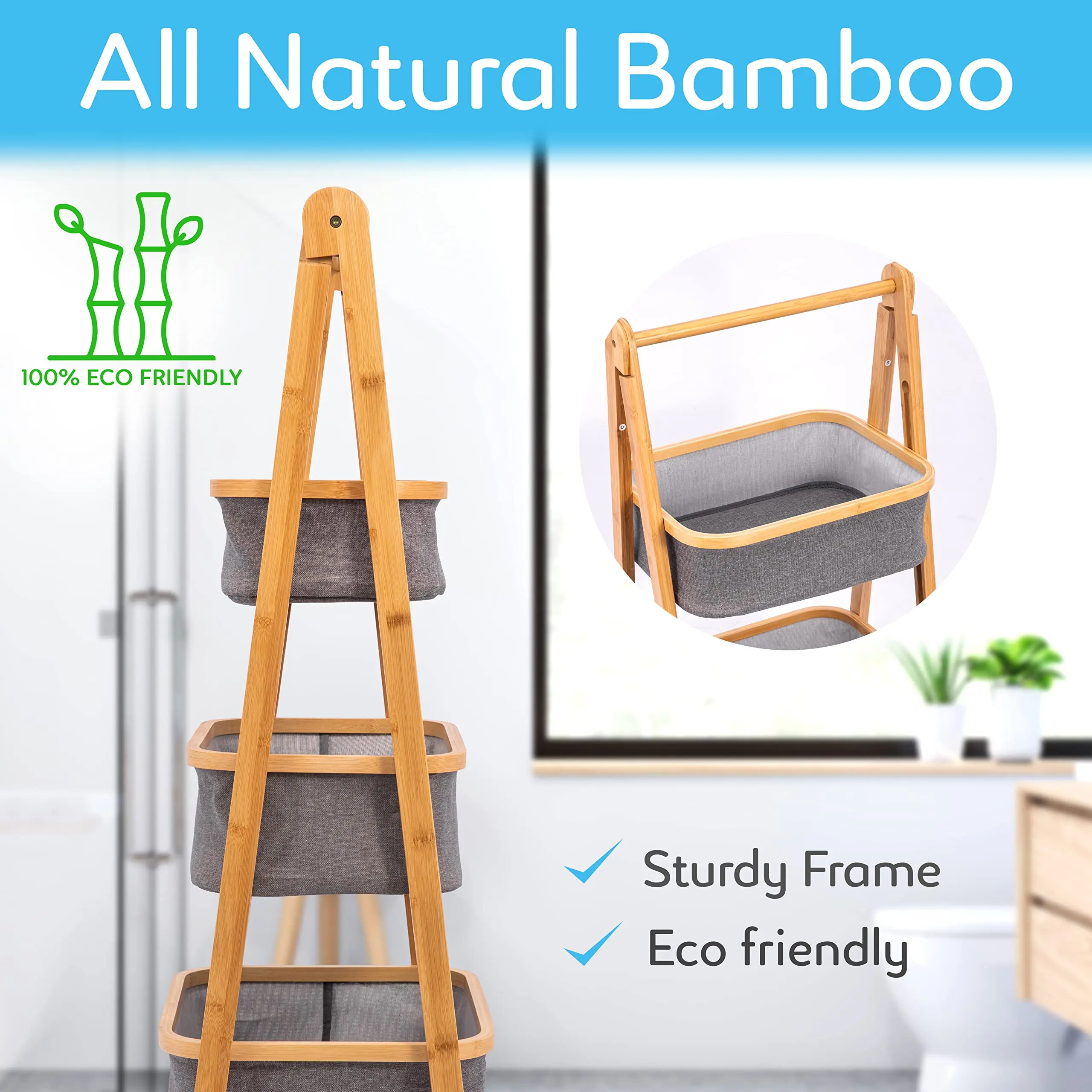 3 Tier Fold Out Hamper Shelf Storage Space Saving Collapsible Foldable Natural Bamboo Wooden Organizer Removable Baskets