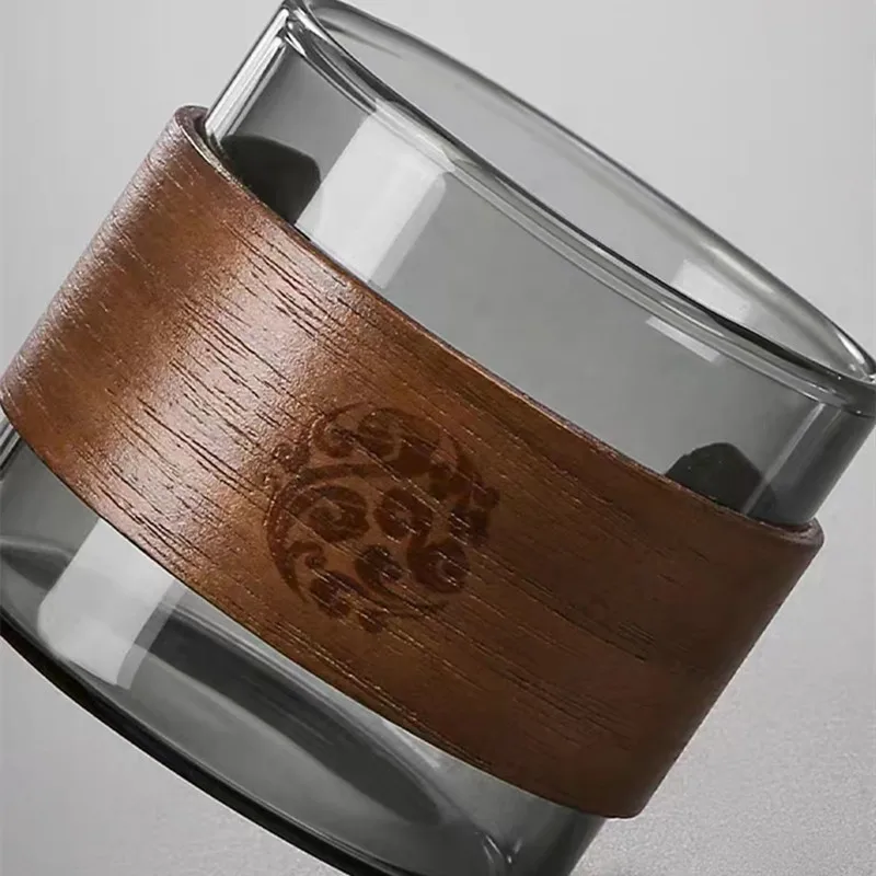 39Years Factory High Borosilicate Glass Tea Cup Wooden Holder Small Size Grey Color Glass Tea Mug 150ml Capacity