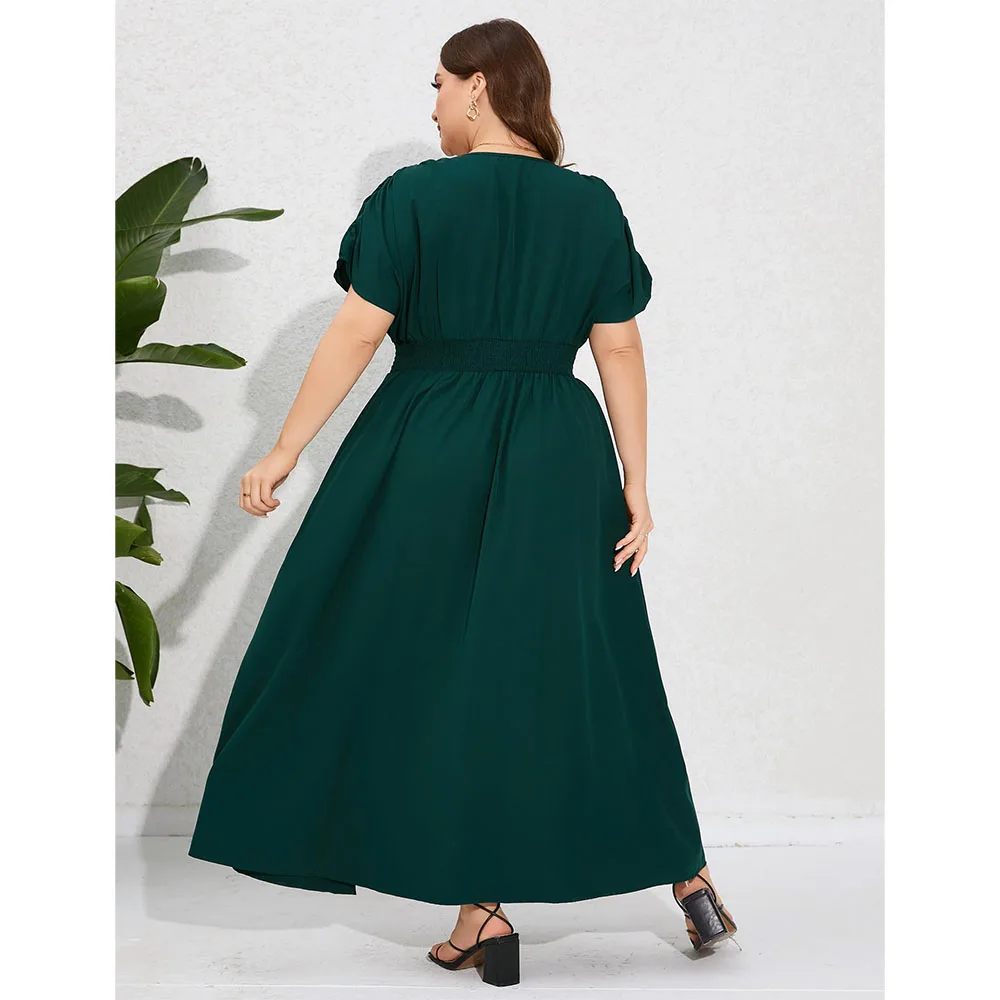 Plus Size V Neck Maxi Dress Short Sleeve Pleated High Waisted Split Casual Evening Party Summer Dress