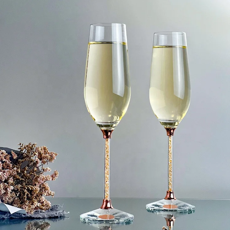 230 ml Handmade Rose Gold Diamond Long Stem Champagne Flutes Champagne Wedding Glasses Goblet