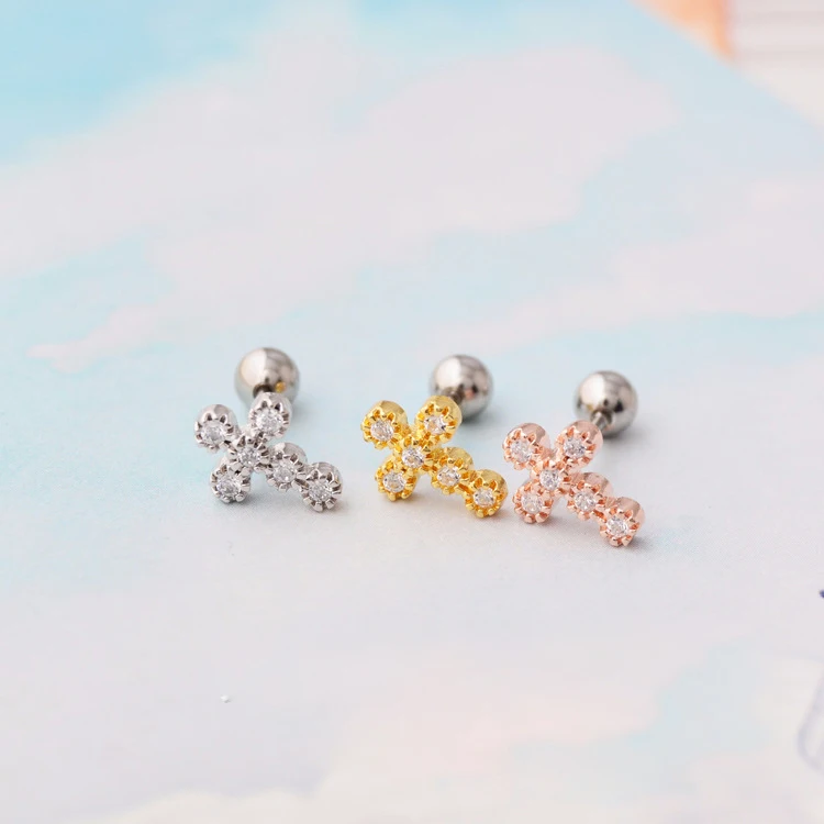 Hot sale Stainless steel silver gold rose gold 20G Cross Zircon Tragus Daith Conch Helix Cartilage Piercing earring