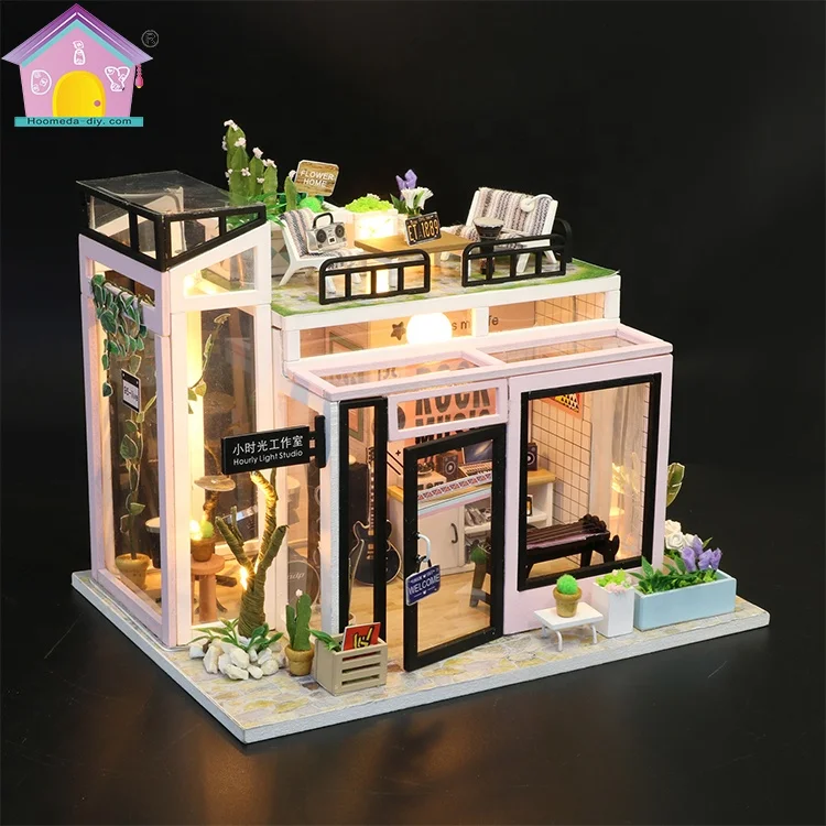 Hongda M903 Houguang studio Wooden Miniature Dollhouse Kit Mini Wooden Doll Houses For Girls With Light