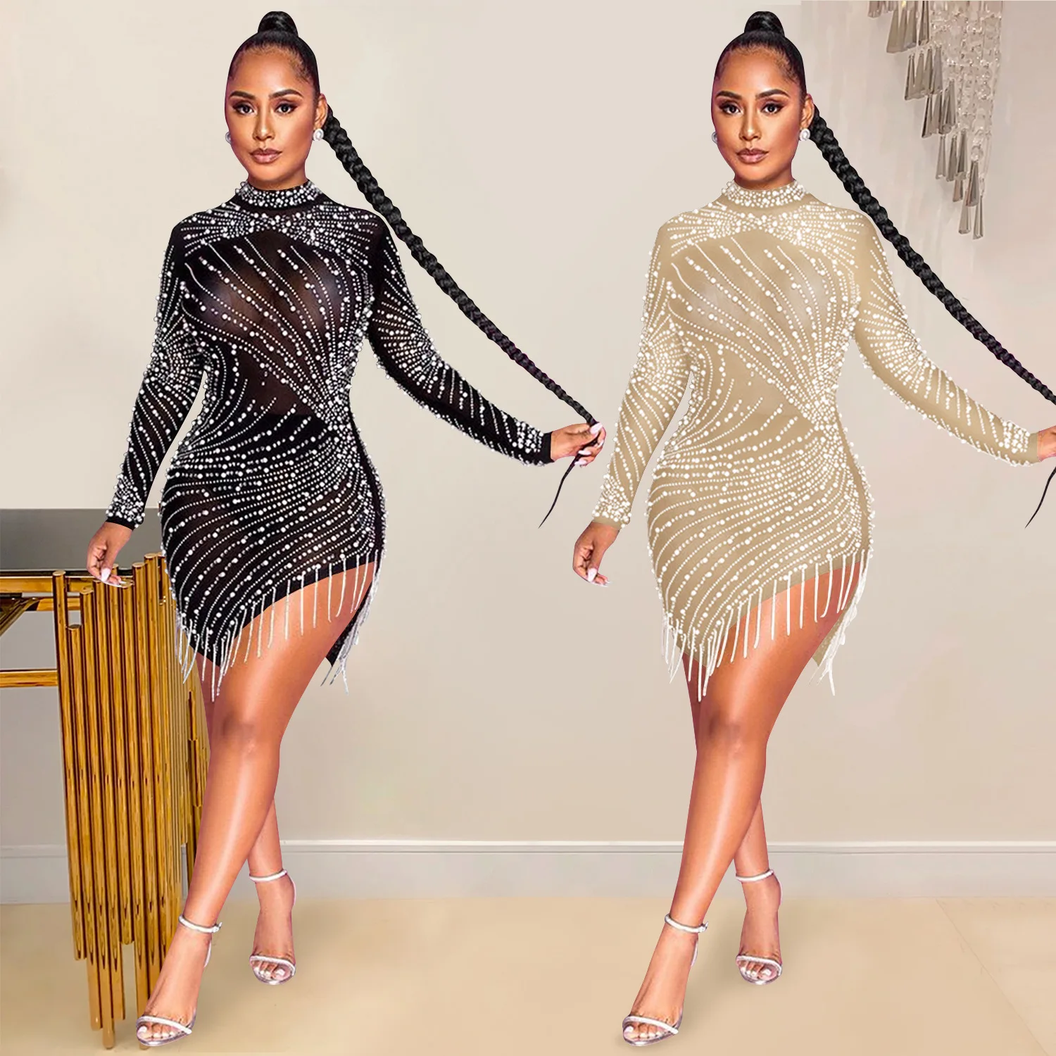 New Sexy Nightclub Net Yarn Perspective Hot Rhinestone Bubble Beads Fringe Round Neck Long Sleeve Dress