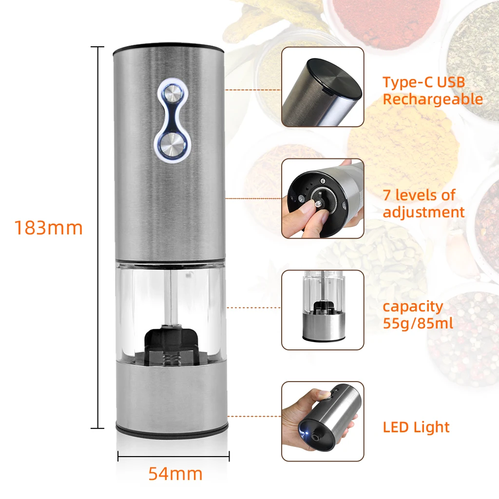 2 Button Stainless Steel Electric Salt And Pepper Grinder Set Pepper Mill Actoumatic  Electric Spice Grinder With Led
