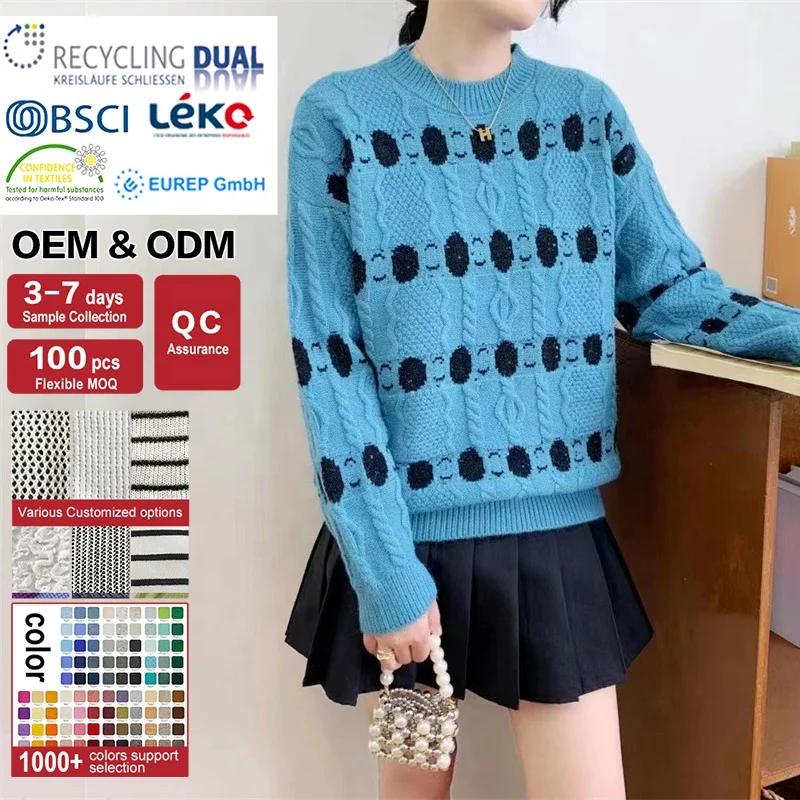 Autumn Winter European Style Casual Black And White Striped Circular Pattern Long Sleeve Knitted Pullover Woman Sweater