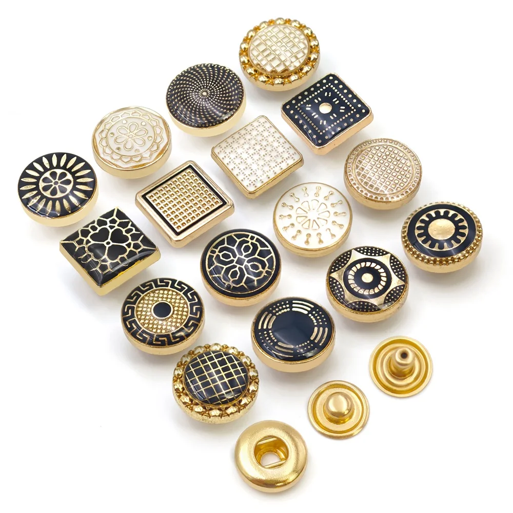 Square round zinc alloy men shirt 10mm 12mm press custom logo pattern metal Thobe clips Snap buttons kit for thobe