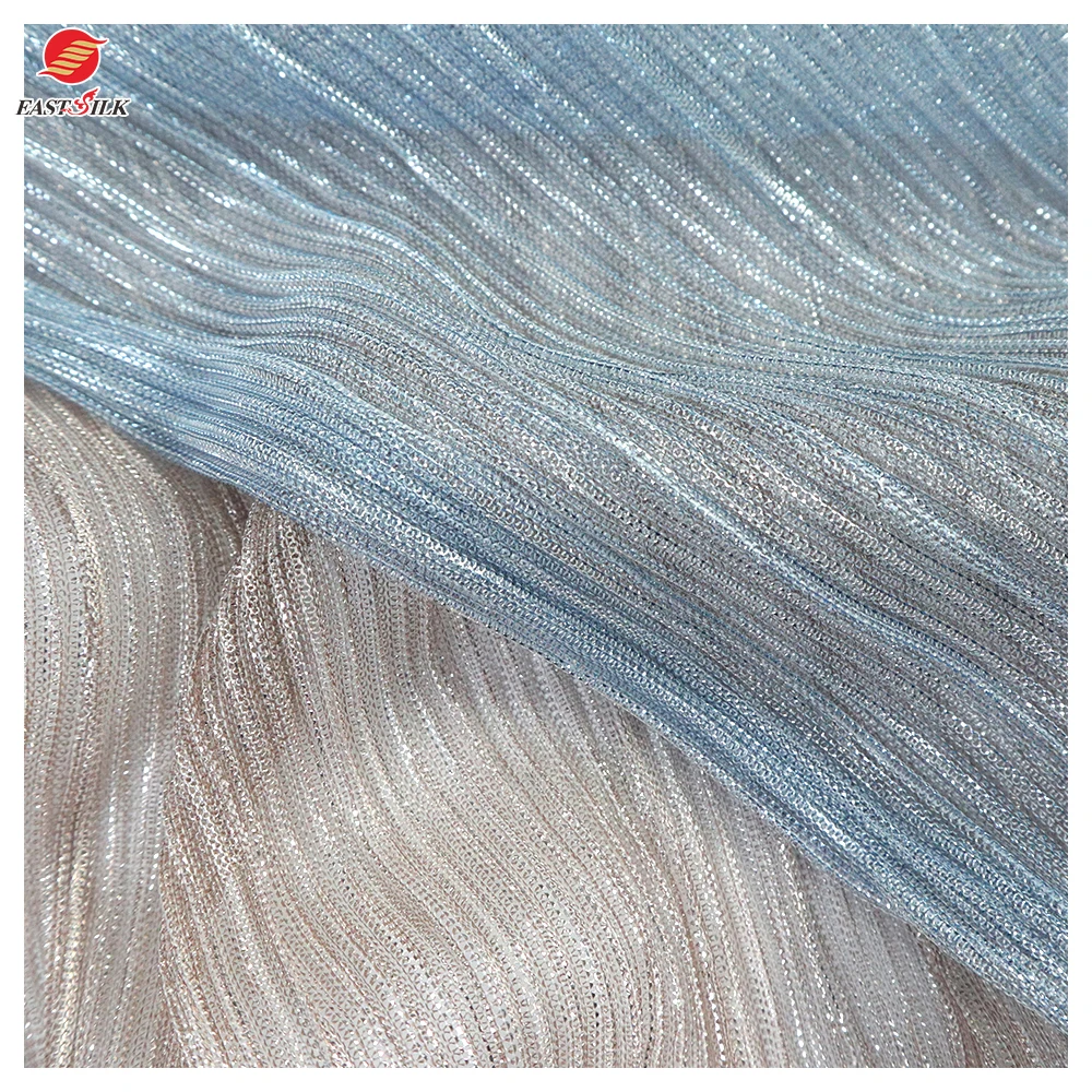 Good price comfortable pleated 100% polyester glitter crushed crinkled pleated fabrics for dresses