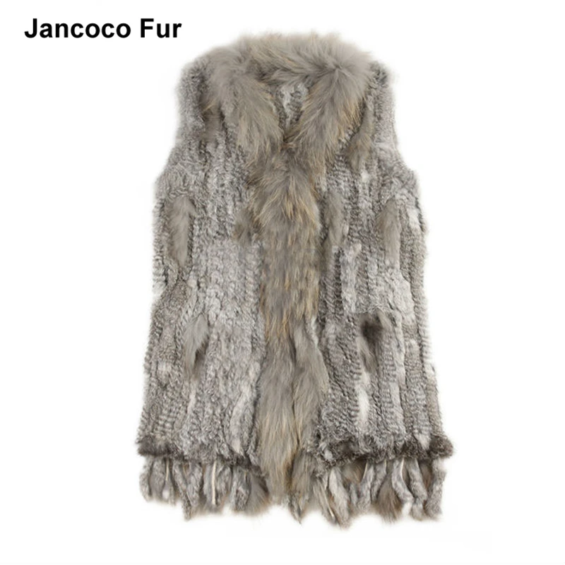 Latest Style Warm Women Knitted Real Rabbit Fur Vest with Raccoon Fur Collar Natural Fur Waistcoat Gilet