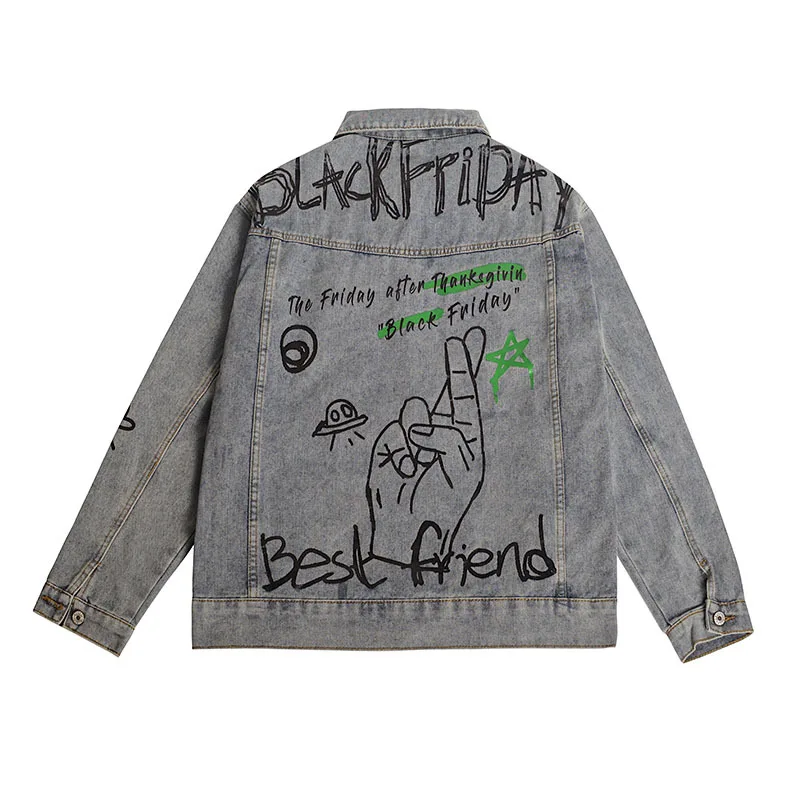 High street retro Graffiti wash printing loose denim jackets for men 2021