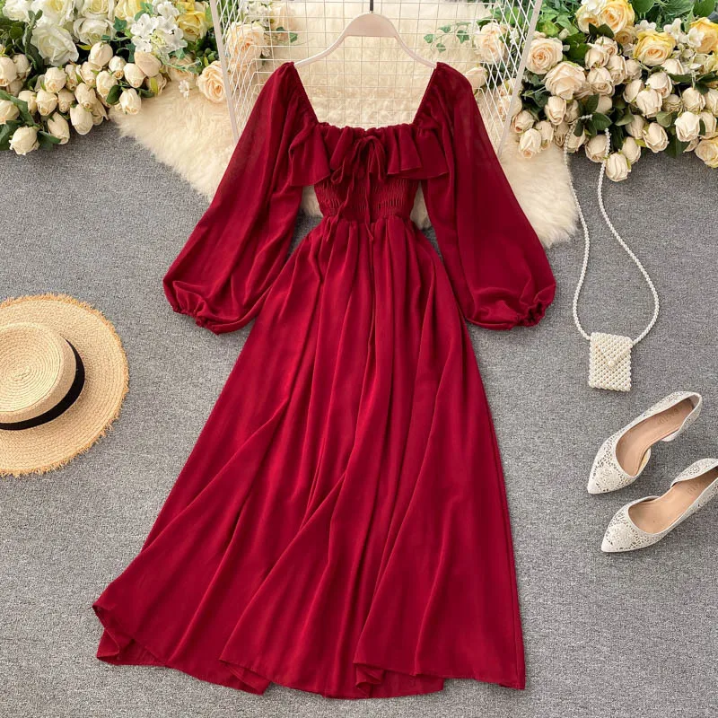 Vestido осень шикарные повседневные платья с длинными рукавами для женщин девушек элегантное французский в ретро-стиле квадратным вырезом буффами на рукавах длинное платье