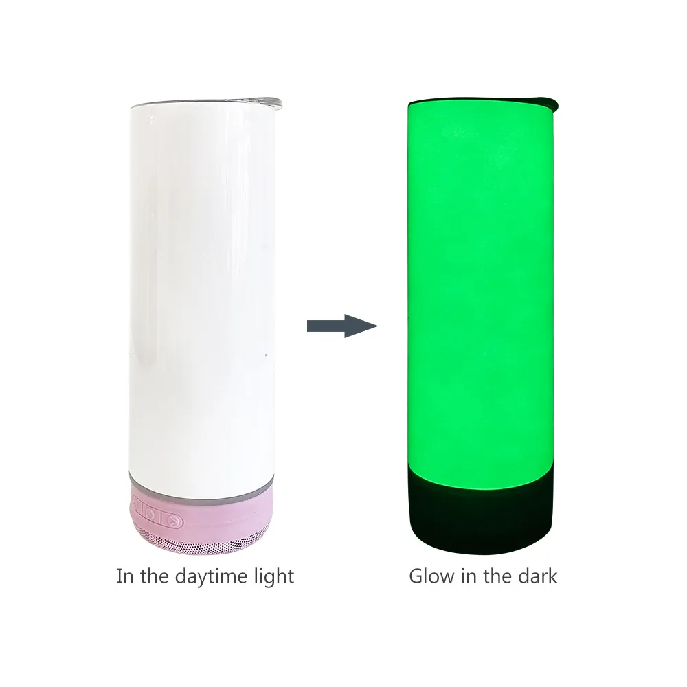Wholesale 20oz Glow in the Dark Skinny Steel Travel  Sublimation Vacuum Bluetooth Speaker Coffee Mug Tumbler with Lid On It
