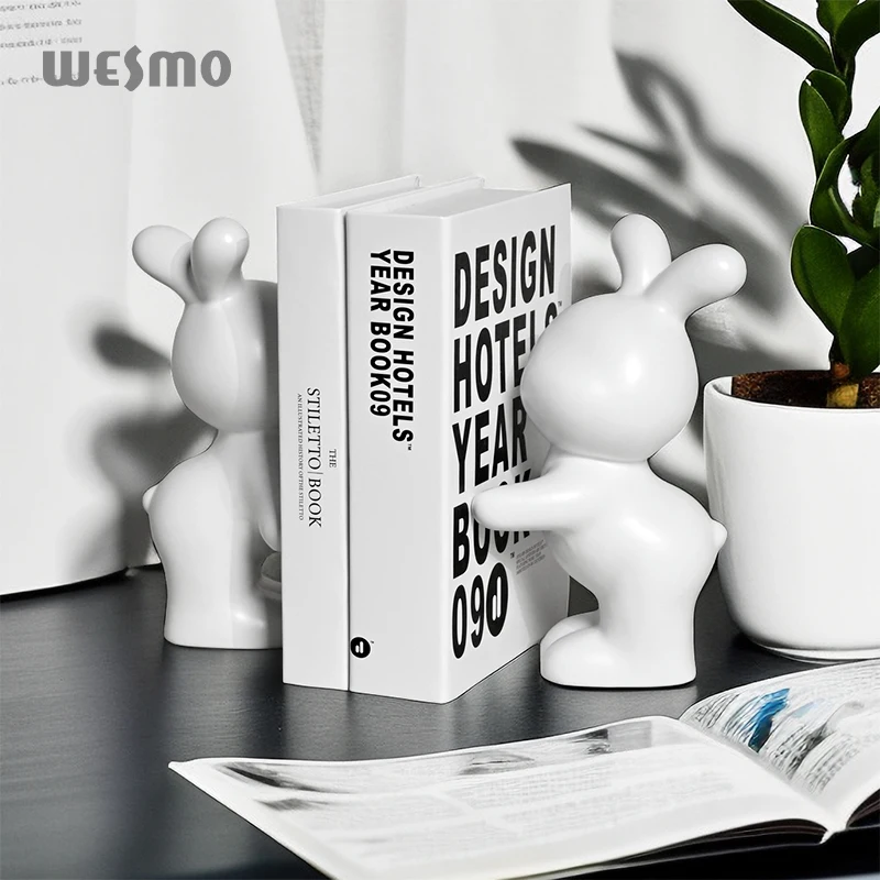 Creative Ceramic Rabbit Bookend for Shelf Handmade Porcelain Simple Book Ends