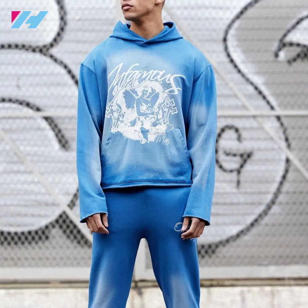 Custom Blue Oversized Boxy Acid Wash Print Graphic Raw Hem Tracksuit Hoodies