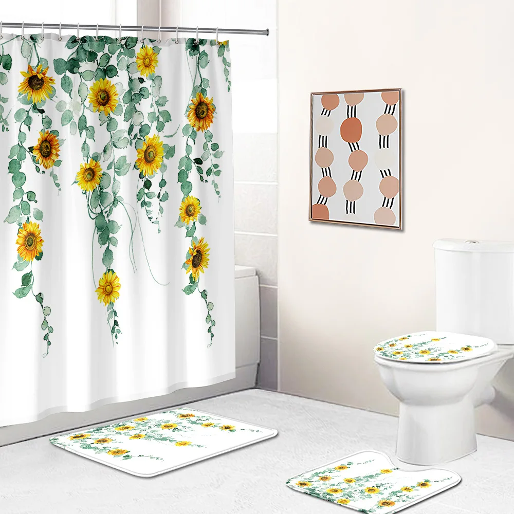 2022 Hot Trend Bathroom sets with shower curtain and rugs,3d designer sunflower waterproof shower curtains sets with mat
