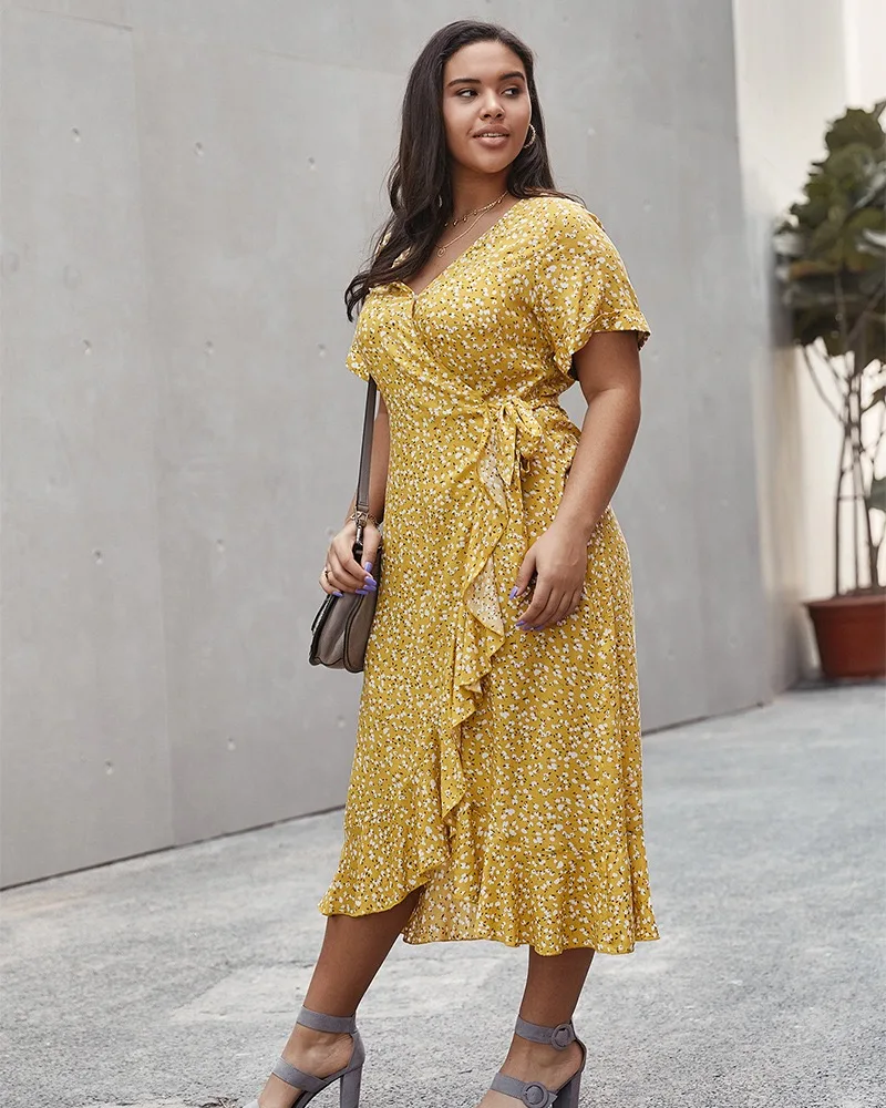 
2020 Summer Dresses Plus Size Ruffled Small Floral Casual Long Dresses 