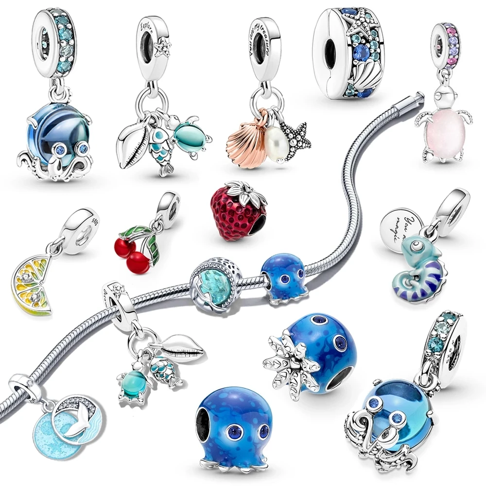 2022 new 925 Silver Summer Blue Sea Life Octopus Turtle fruit Charm Fit Original European Bracelet & Necklace DIY Jewelry