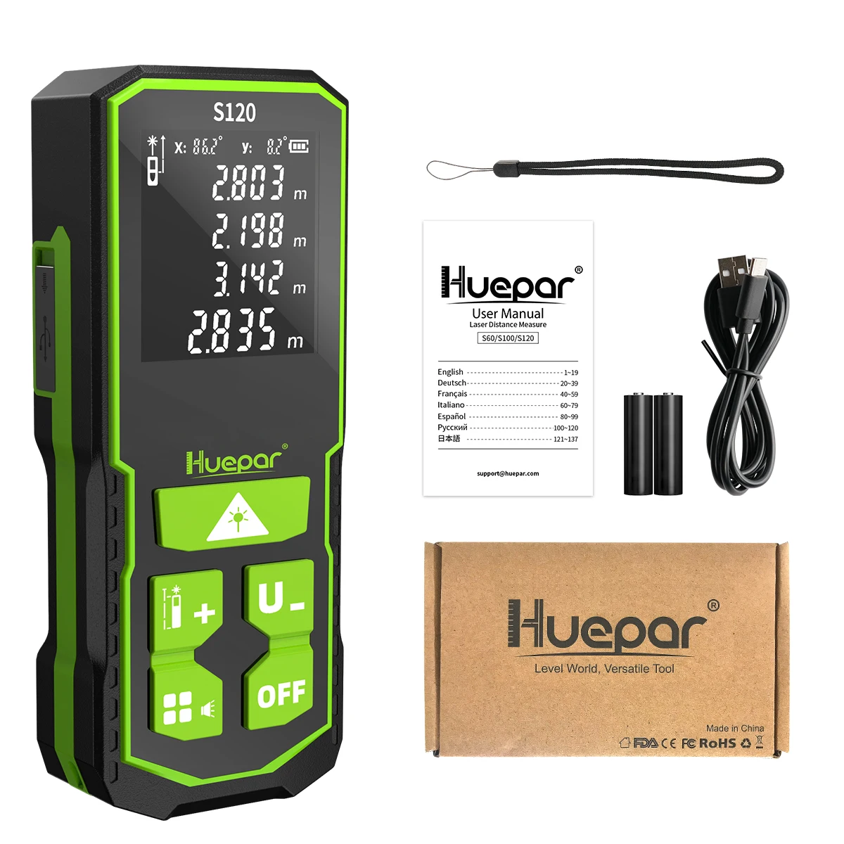 Huepar Supplier Laser Distance Meter S120 Green Rechargeable Lion-Battery Laser Tools