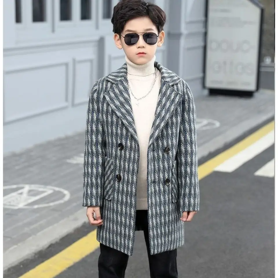 Boys Clothes Autumn Winter Cashmere Children Double-breasted Baby Boy Trench Lapel Woolen Outerwear Coats