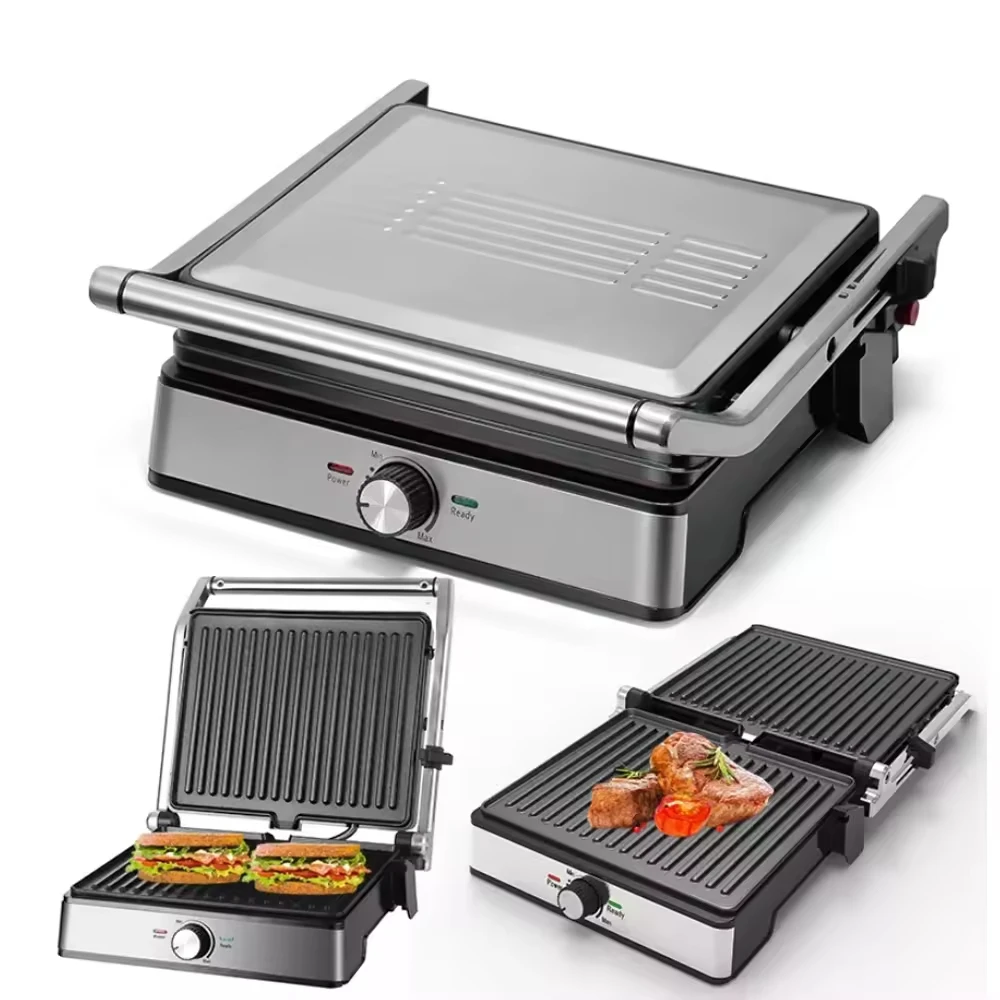 Electric Contact Grill 4 Slice Adjustable Thermostat Control for Panini Burgers Steak Barbecue Grill Breakfast Maker Machine
