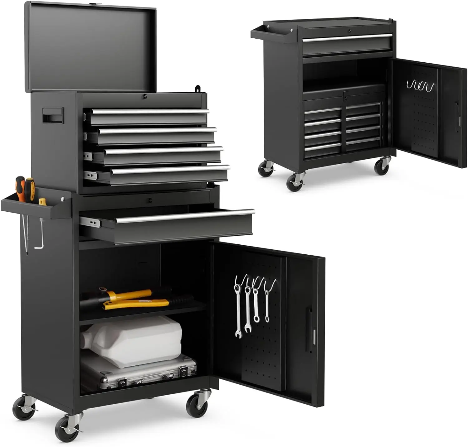 Black Garage Metal Toolbox Cabinet Trolley Professional Workshop Tools Box 8-Drawer Tool Cart with Wheels