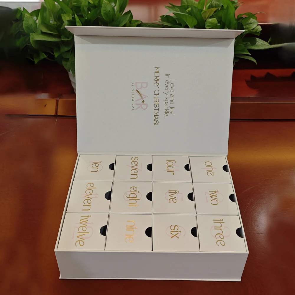Luxury White Cardboard Custom 12 Days Christmas Advent Calendar Spot Gold Foil Magnetic Gift Box