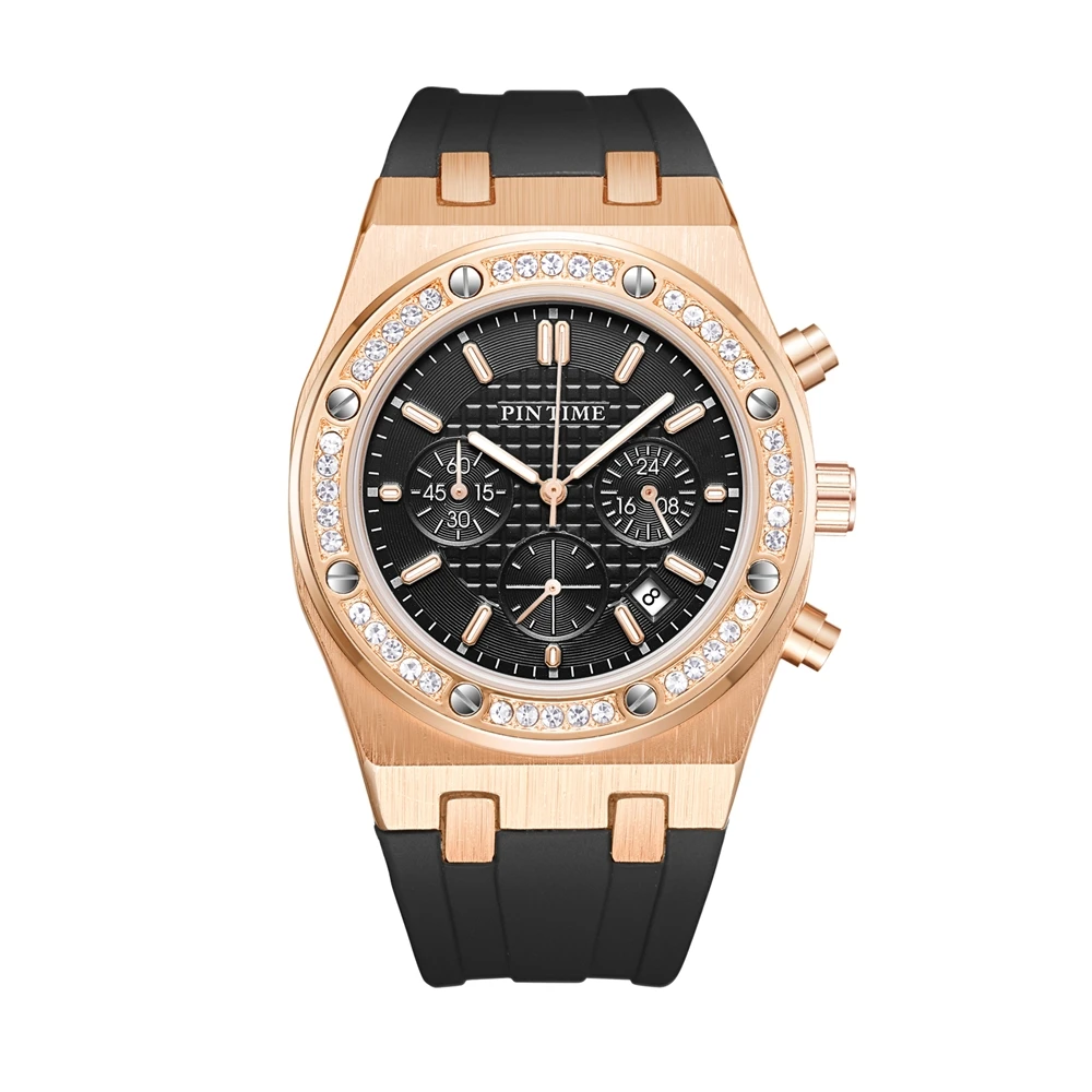 Diamond Luxury Fashion Waterproof Silicone Band Rose Gold Chronograph Quartz Diamond Watches Men Wrist