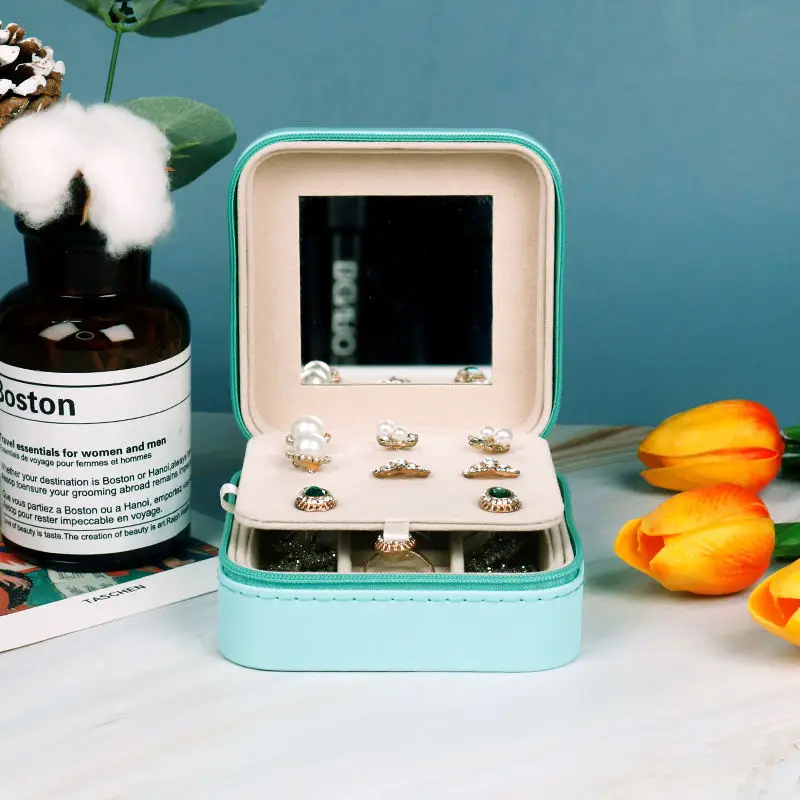 Leather Small Travel Jewelry Ring Earring Necklace Zipper Case Storage Organizer Blue Jewelry Box with Mirror Custom Logo Pink