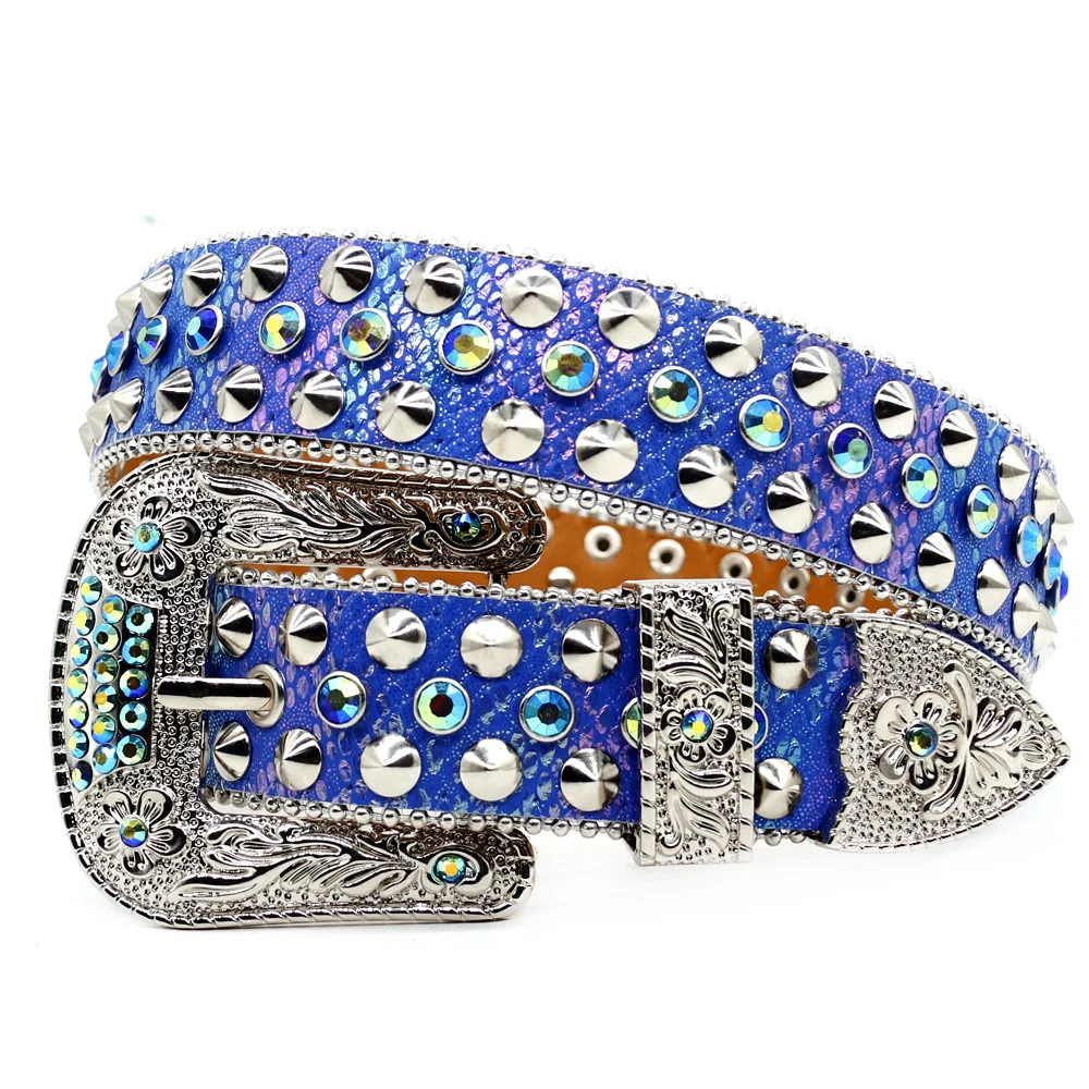New Style Western Cowboy Rhinestone Belt Blue Color Diamond Studded Punk Design Woman Belt
